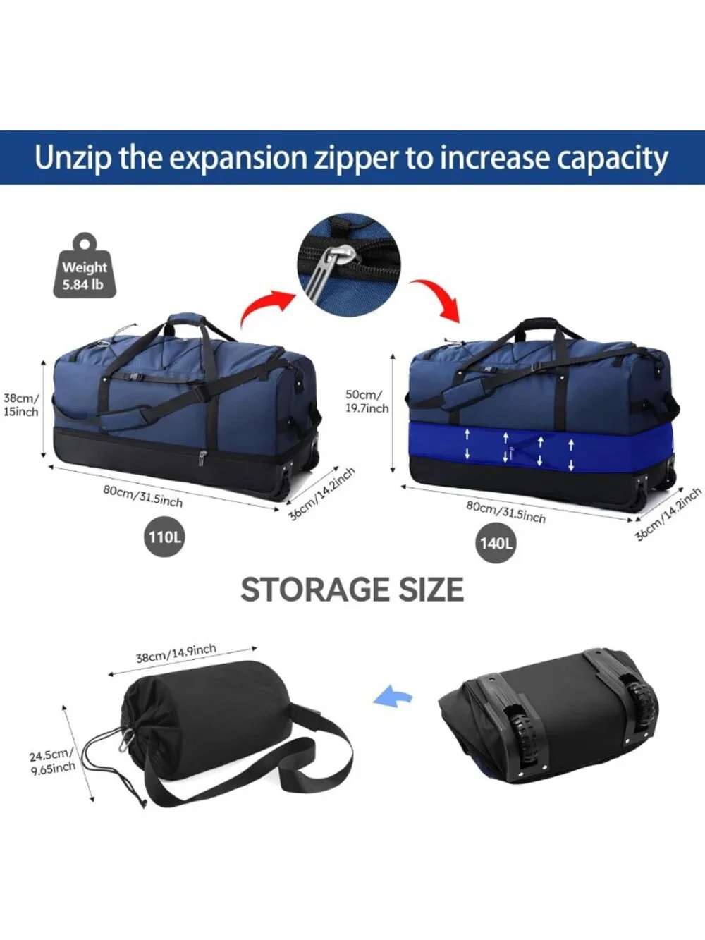 Expandable 110L-140L Soft-Sided Rolling Duffle Bag with Wheels & Organizer Pouch